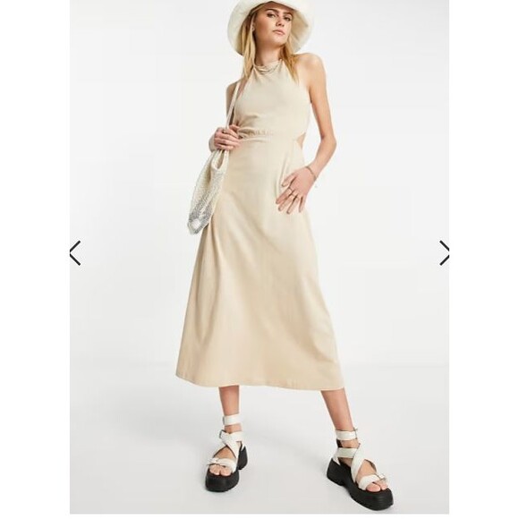 Asos Design Halter Midi Dress Open Back Size 8 Tan Strappy Tie Back Cut Out New - Picture 2 of 12